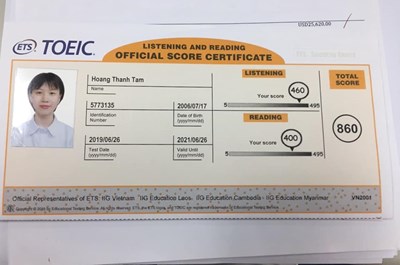 HOÀNG THANH TÂM HỌC VIÊN OCEAN EDU PHÚC YÊN ĐẠT 860 TOEIC KHI MỚI CHỈ LÀ HỌC SINH LỚP 8 
